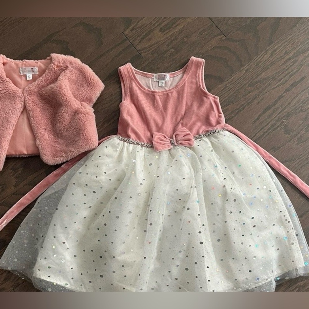 Girls Dress Biscotti Pink White Party Easter Size 4t W/ Faux Fur Cover Wedding